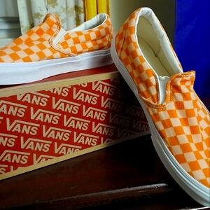 Vans Mens Orange Checkered Slip-On Sneakers